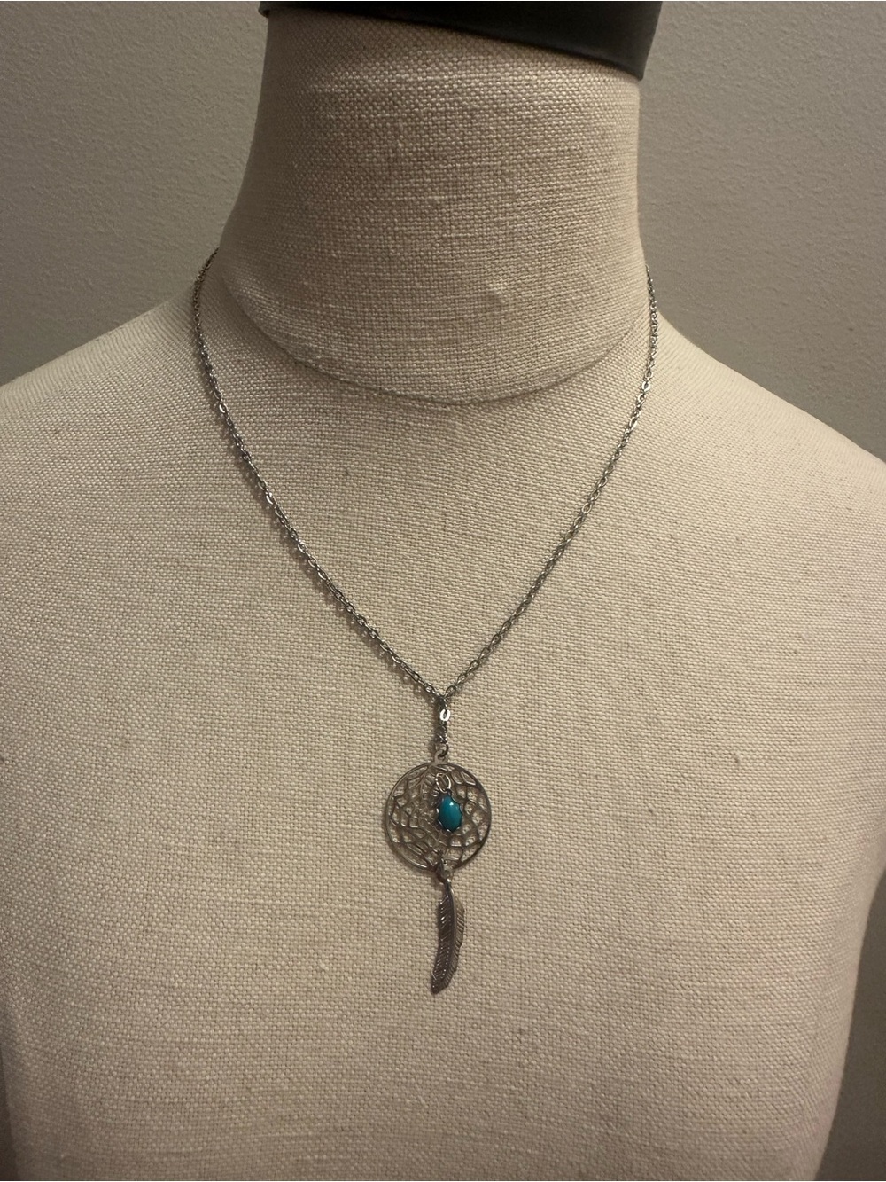 Vintage Silver Dreamcatcher Pendant Necklace with Turquoise Accent